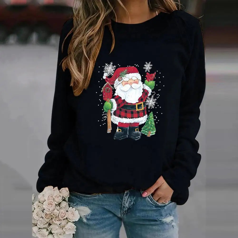 O-Neck Long Sleeve Pullover Sweatshirt Autumn Winter Santa Claus Print Xmas Pullover Streetwear Casual Christmas Sweatshirt