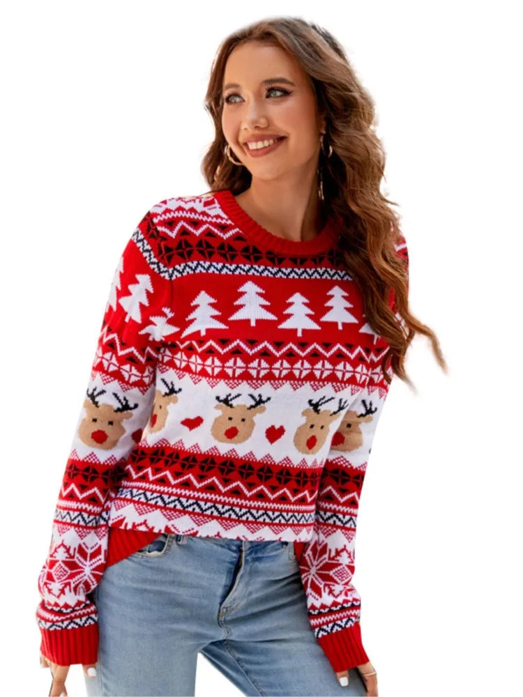 Christmas Knitwears Sweater Women Autumn And Winter New O Neck Long Sleeve Printed Fashion Casual Knitted Pullovers Feminina Top