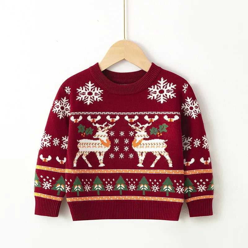 Christmas Print Sweater Boys Girls Knit Pullover Cotton Clothes Autumn Winter Xmas Kids Slouchy Soft Wool Clothing Knitwear