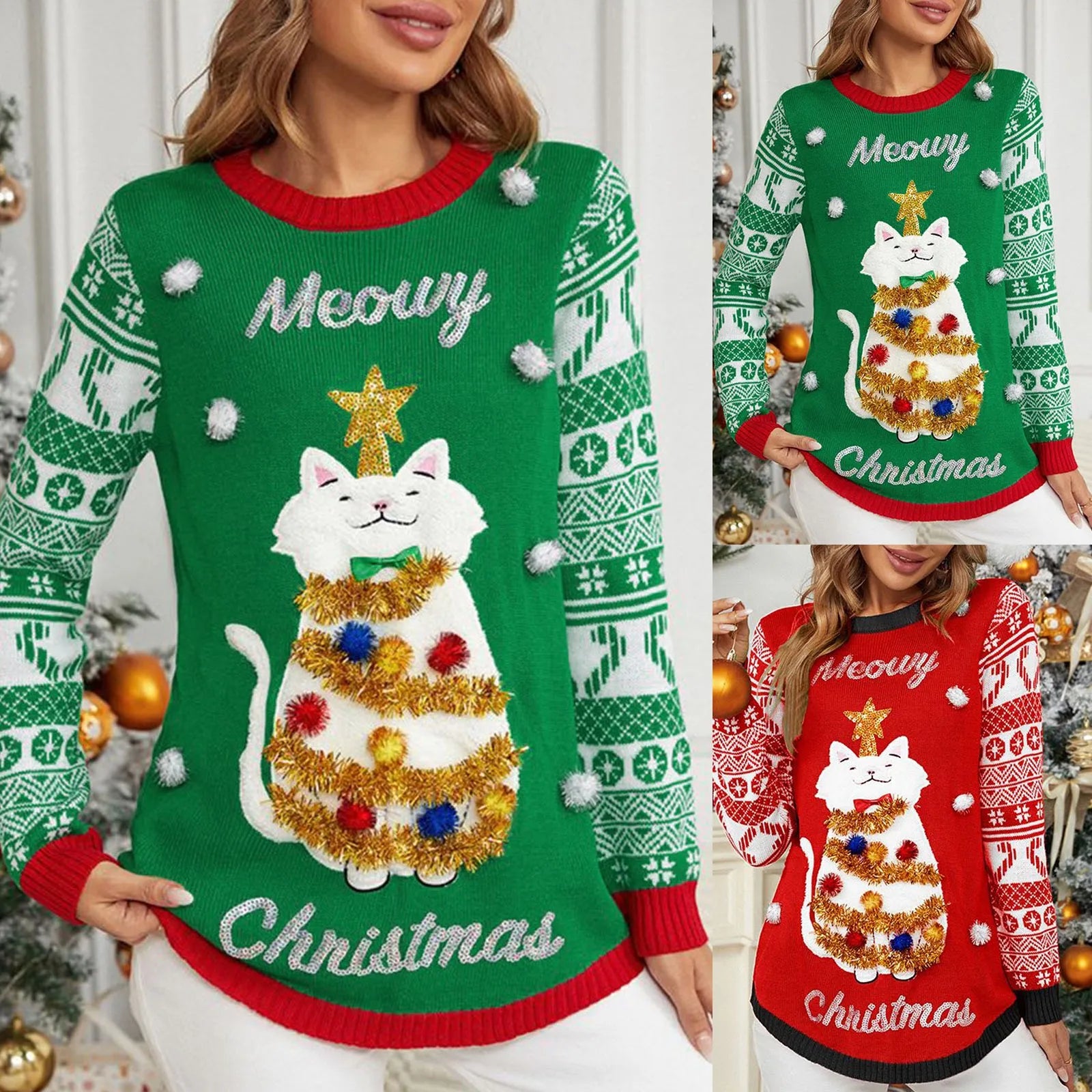 Sweater Women Christmas Ugly Sweater New Cartoon Cat Print O-Neck Autumn Winter Thick Loose Knitwears Tops Xmas Pullover