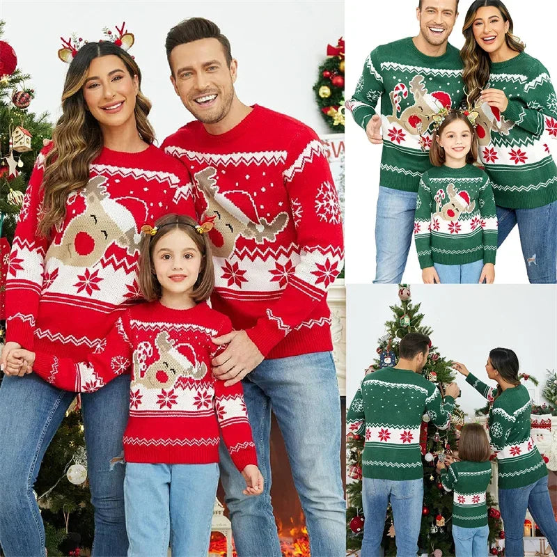 Xmas Matching Christmas Sweater Family Adult Kids Cartoon Elk Print Round Neck Long Sleeve Pullover Winter Tops Streetwear