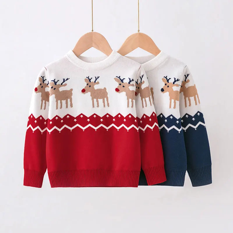 Christmas Print Sweater Boys Girls Knit Pullover Cotton Clothes Autumn Winter Xmas Kids Slouchy Soft Wool Clothing Knitwear