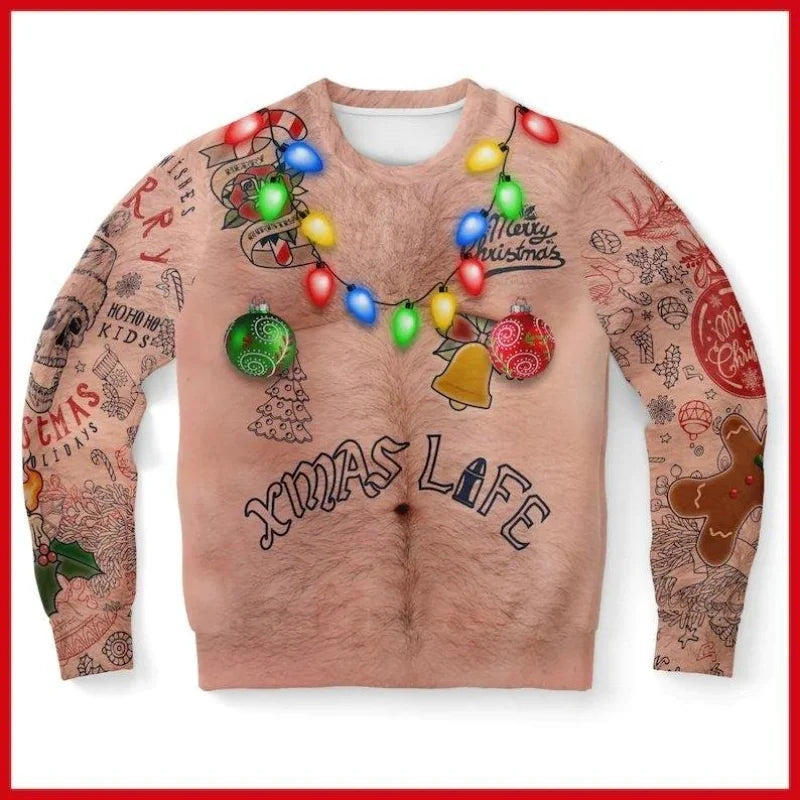 Christmas Sweater Novelty Funny Light Up Topless Ugly Christmas Sweater Men and Women 3D Printing Pullover Jumpers Warm Sweater