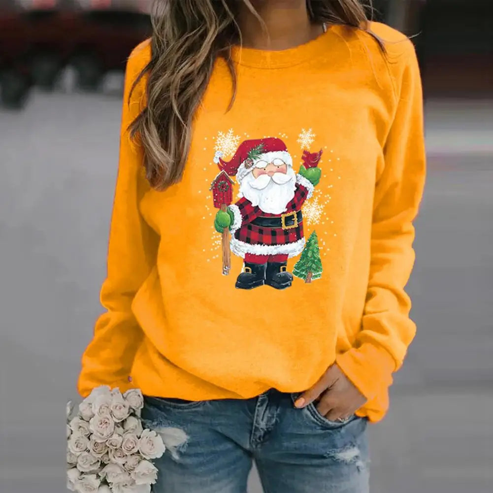 O-Neck Long Sleeve Pullover Sweatshirt Autumn Winter Santa Claus Print Xmas Pullover Streetwear Casual Christmas Sweatshirt