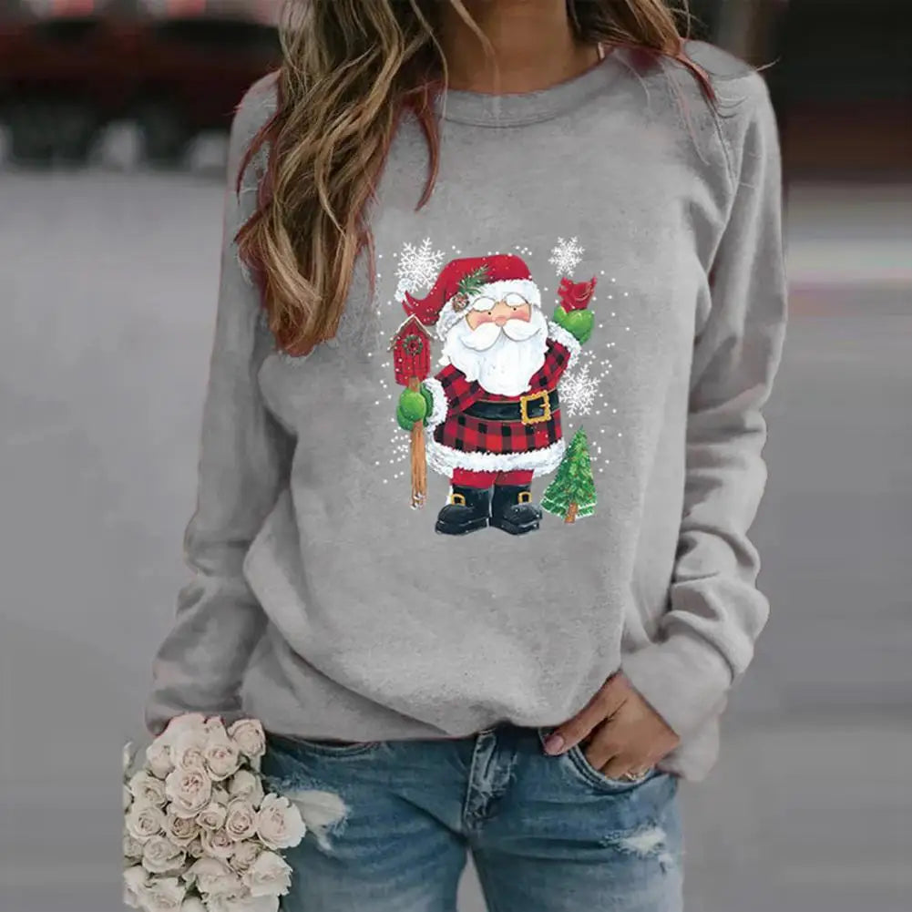 O-Neck Long Sleeve Pullover Sweatshirt Autumn Winter Santa Claus Print Xmas Pullover Streetwear Casual Christmas Sweatshirt