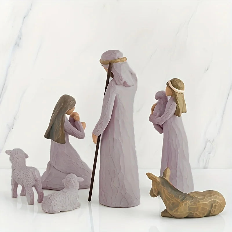 6 pieces Nativity set birthplace hand drawn figure statues, faith, anniversary, thanksgiving, christmas