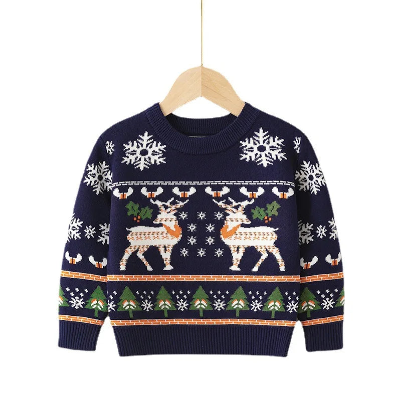 Christmas Print Sweater Boys Girls Knit Pullover Cotton Clothes Autumn Winter Xmas Kids Slouchy Soft Wool Clothing Knitwear