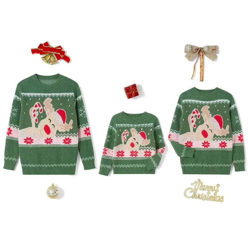 Xmas Matching Christmas Sweater Family Adult Kids Cartoon Elk Print Round Neck Long Sleeve Pullover Winter Tops Streetwear