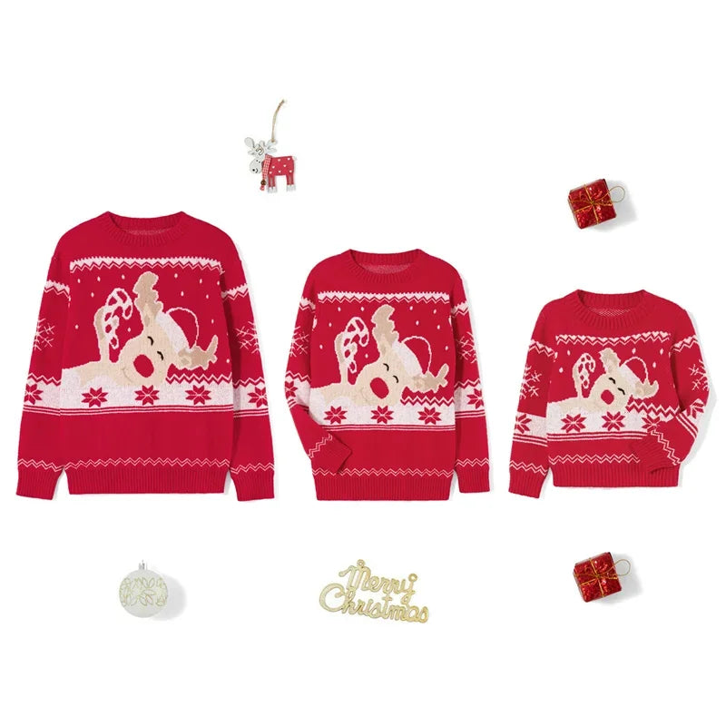 Xmas Matching Christmas Sweater Family Adult Kids Cartoon Elk Print Round Neck Long Sleeve Pullover Winter Tops Streetwear