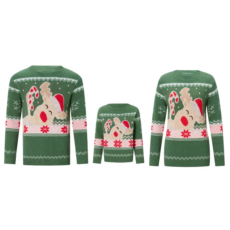 Xmas Matching Christmas Sweater Family Adult Kids Cartoon Elk Print Round Neck Long Sleeve Pullover Winter Tops Streetwear