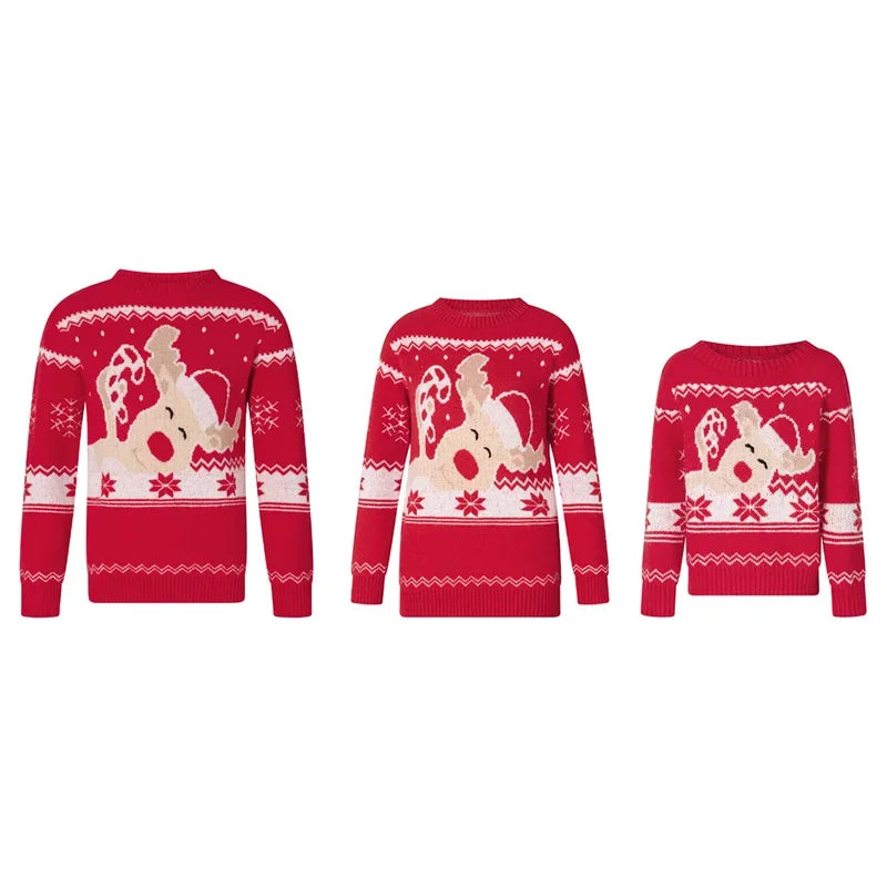 Xmas Matching Christmas Sweater Family Adult Kids Cartoon Elk Print Round Neck Long Sleeve Pullover Winter Tops Streetwear