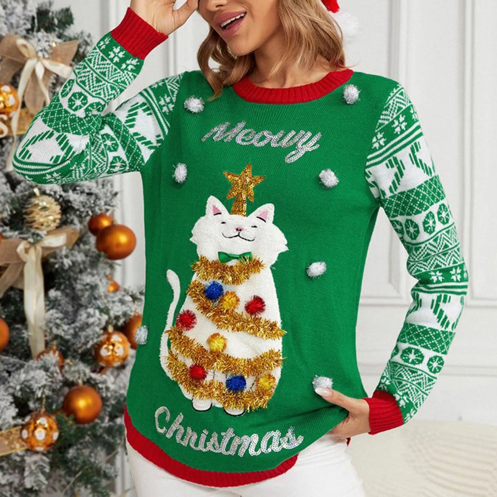 Sweater Women Christmas Ugly Sweater New Cartoon Cat Print O-Neck Autumn Winter Thick Loose Knitwears Tops Xmas Pullover