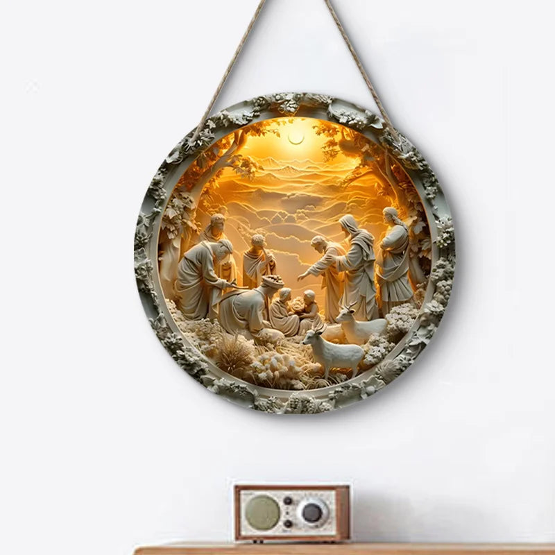 Nativity Scene Wooden Sign Guard Jesus Christmas Wreath Round Sign for Church Door Wall Hanging Decor Ideal Gift for Christian
