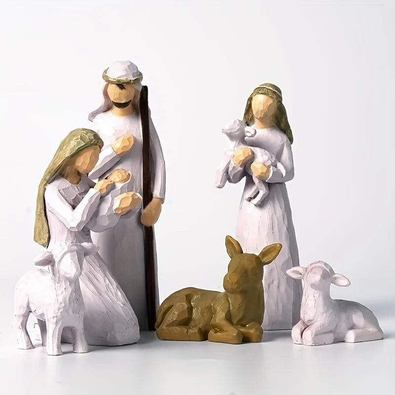 6 pieces Nativity set birthplace hand drawn figure statues, faith, anniversary, thanksgiving, christmas