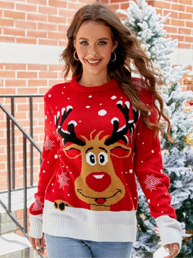 Christmas Knitwears Sweater Women Autumn And Winter New O Neck Long Sleeve Printed Fashion Casual Knitted Pullovers Feminina Top
