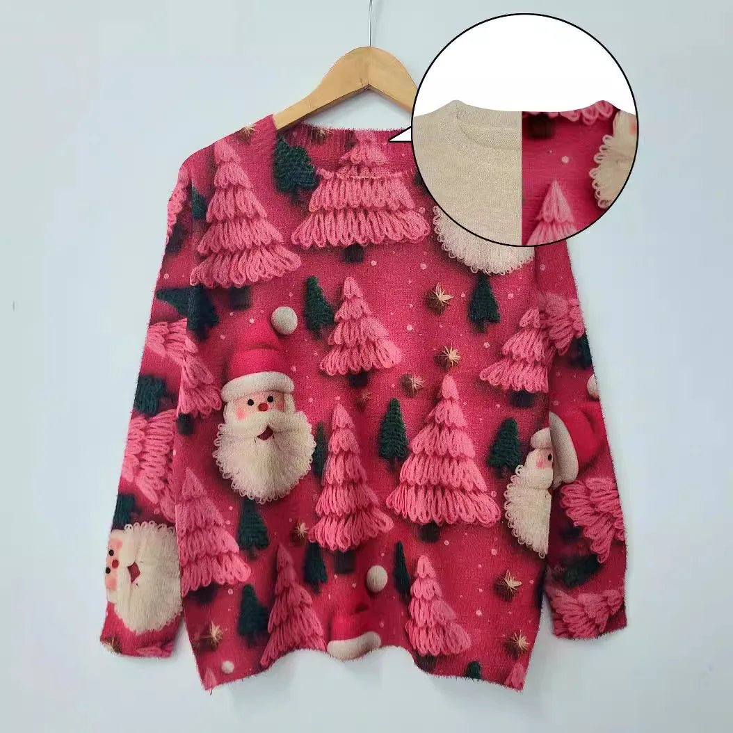 2024 New Autumn And Winter Fashionable And Cute Christmas All-over Printed Round Neck Mink Fur Printed Sweater