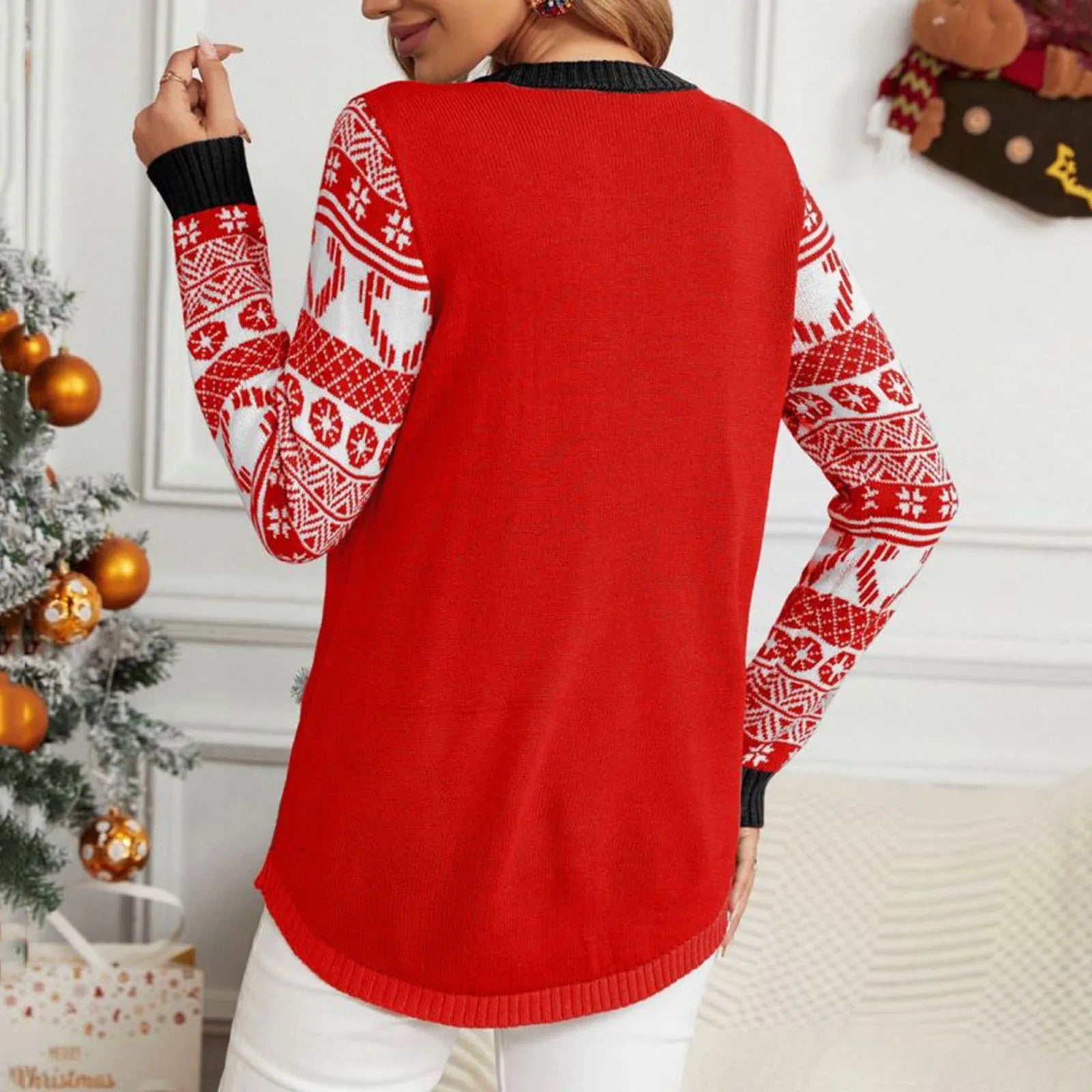 Sweater Women Christmas Ugly Sweater New Cartoon Cat Print O-Neck Autumn Winter Thick Loose Knitwears Tops Xmas Pullover